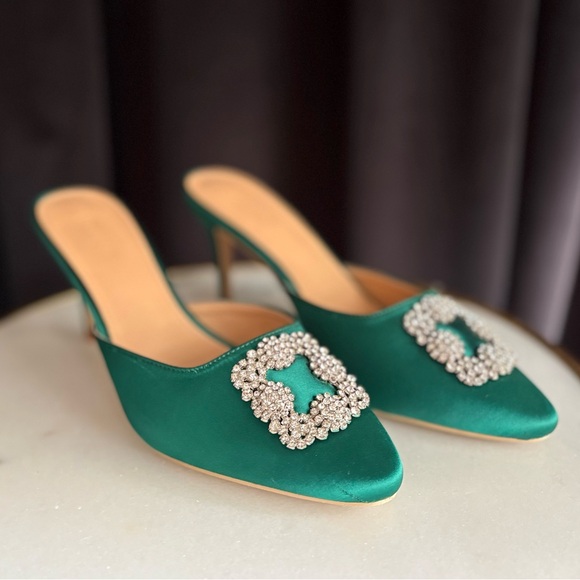 Coutgo Shoes - Huntress Green Satin Mules with Rhinestone Accent | 8.5